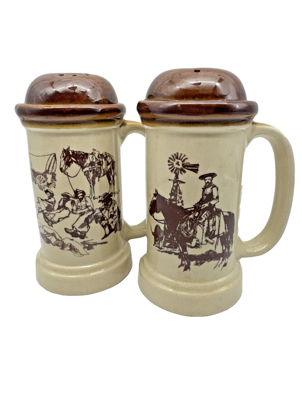 Vintage 1980 Enesco Large 6” Stoneware Salt Pepper Shaker J Downs Westward Ho